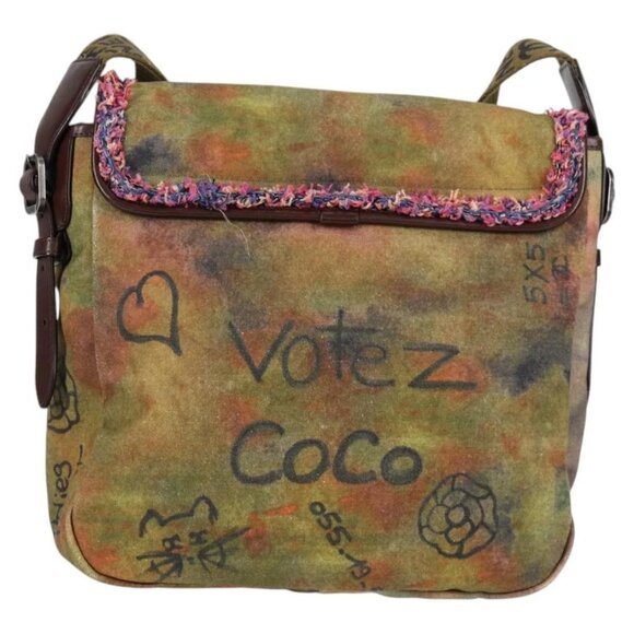 CHANEL Embroidery Graffiti Shoulder Bag Canvas Leather Khaki - Picture 2 of 16